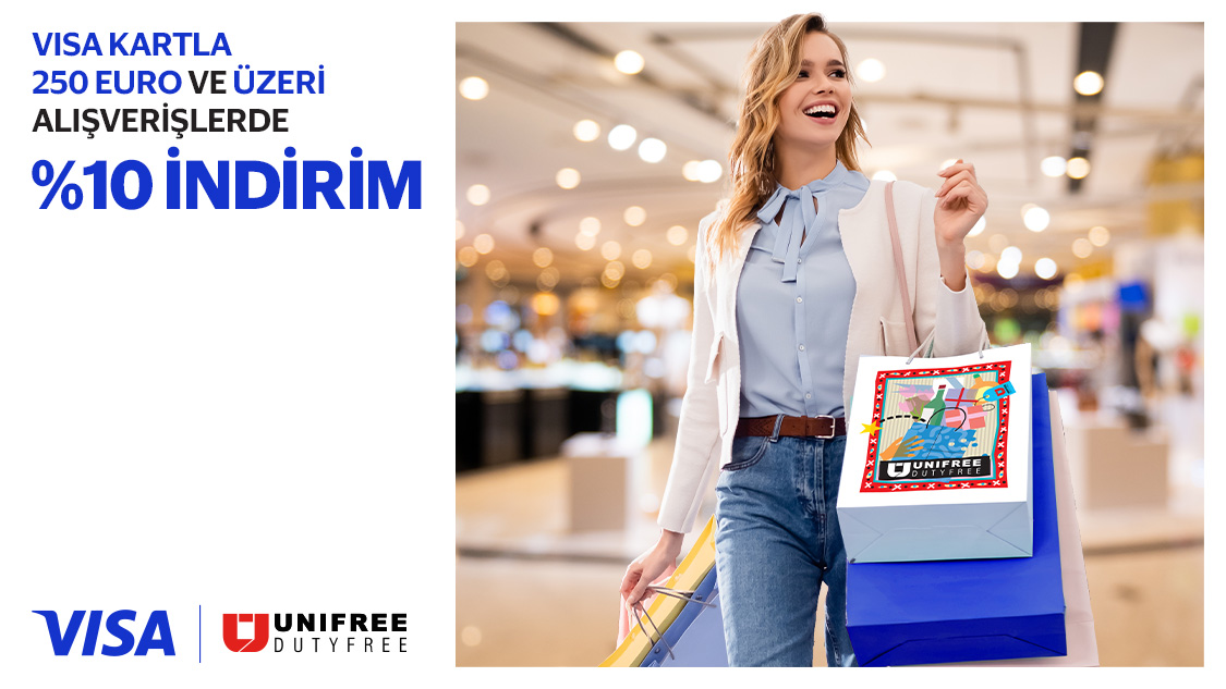 Visa logolu Yapı Kredi kart sahiplerine Unifree Dutyfree mağazalarında 250 Euro ve üzeri harcamalara %10 indirim!