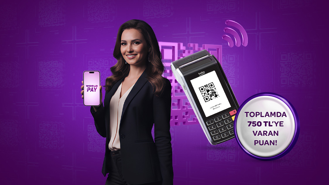 POS’ta TR Karekod veya NFC Mobil Ödeme ile World Üye İşyerleri’nden yapacağınız 1.000 TL ve üzeri harcamanıza 25 TL, toplamda 750 TL’ye varan Puan!