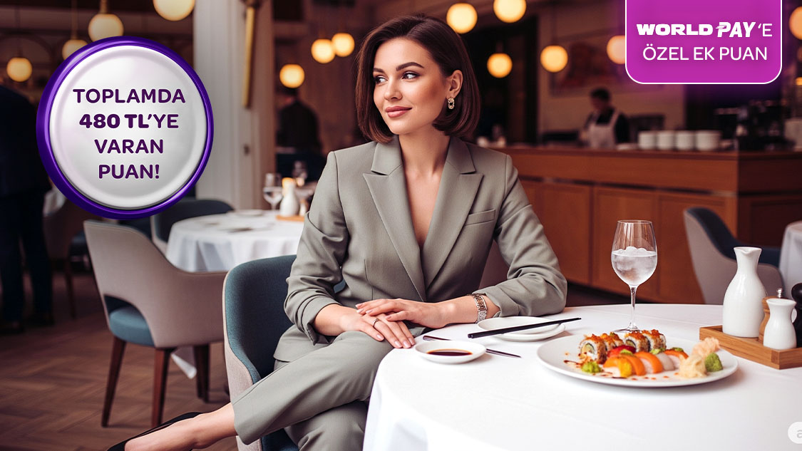 Restoran sektöründe yapacağınız her 2.000 TL harcamaya 100 TL, World Pay ile ödemlerde ek 60 TL, toplamda 480 TL’ye varan Puan hediye!